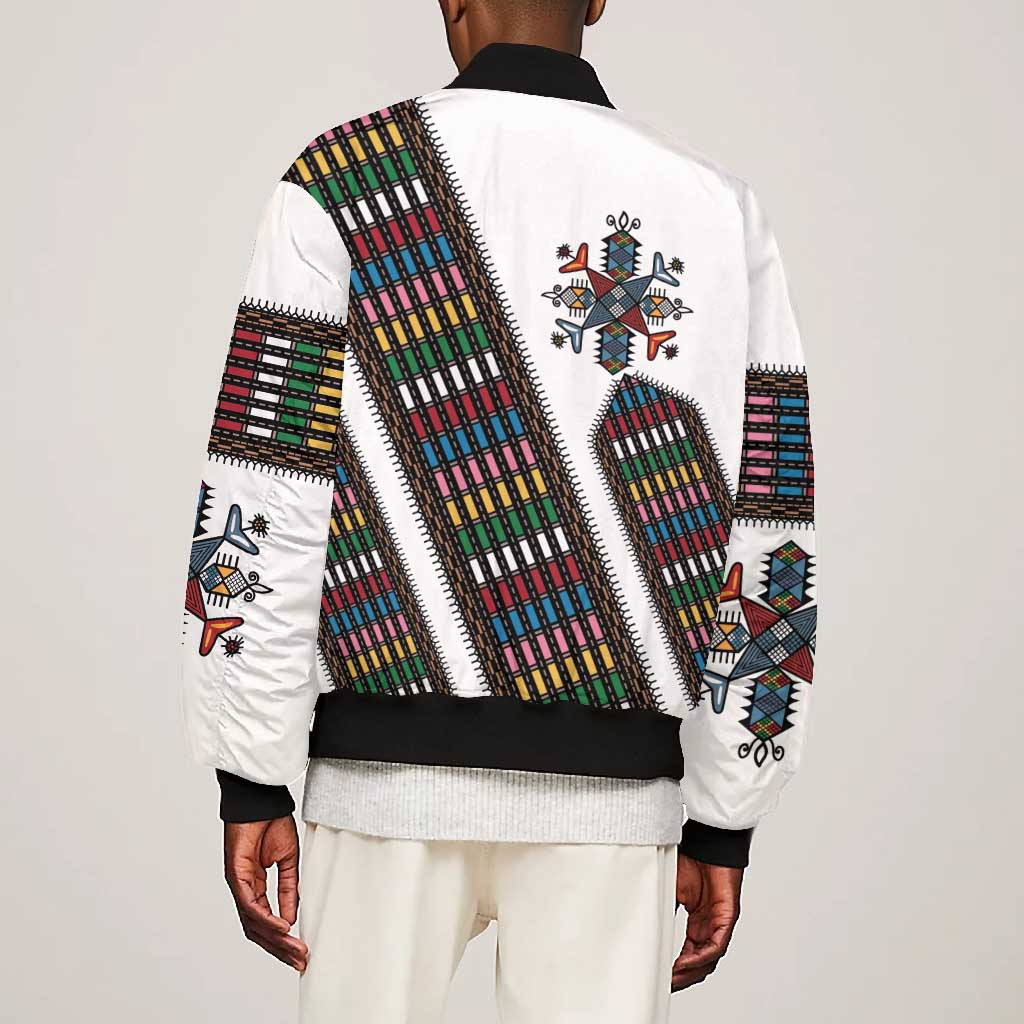 Habesha Kemis Inspired Tilet Pattern Bomber Jacket White