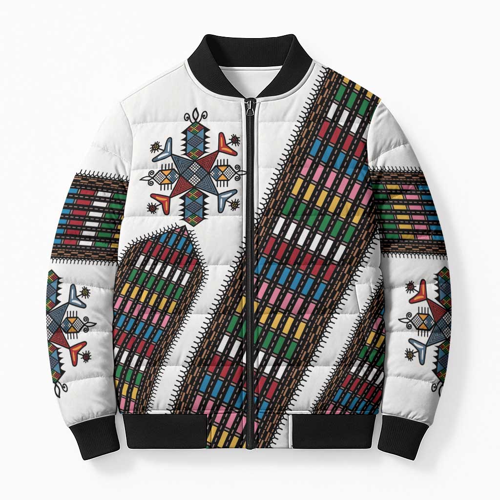 Habesha Kemis Inspired Tilet Pattern Bomber Puffer Jacket White