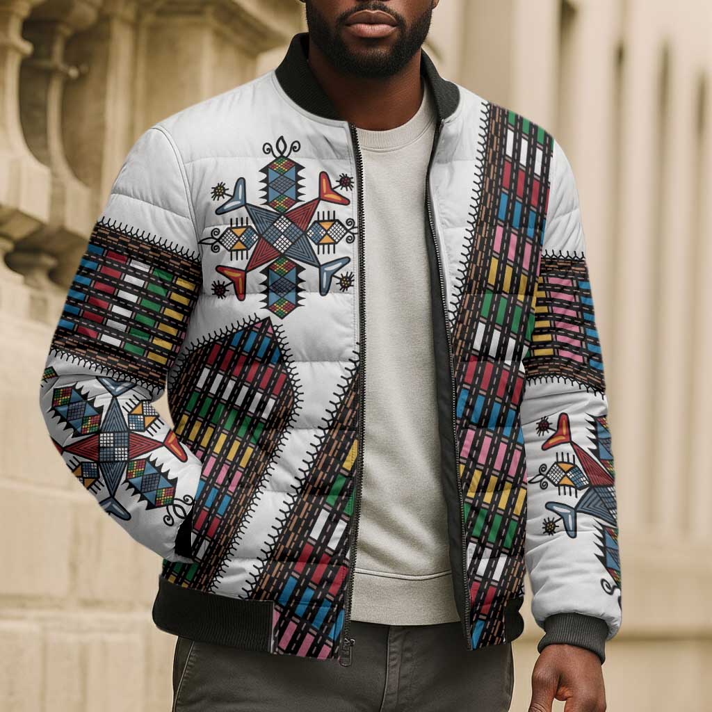 Habesha Kemis Inspired Tilet Pattern Bomber Puffer Jacket White