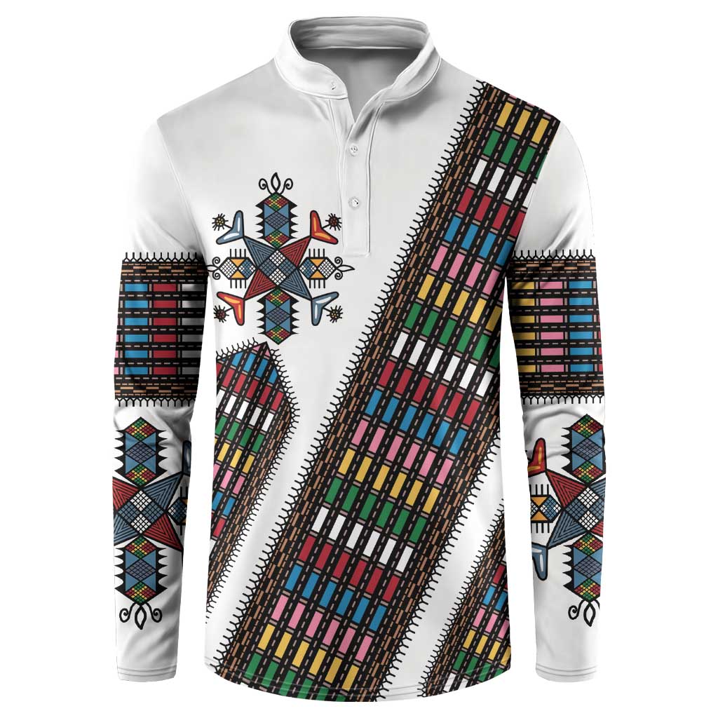 Habesha Kemis Inspired Tilet Pattern Button Sweatshirt White