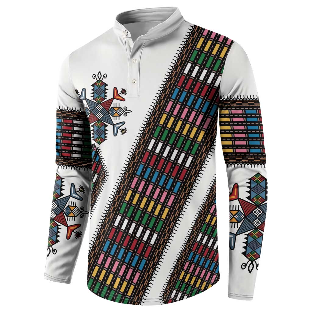 Habesha Kemis Inspired Tilet Pattern Button Sweatshirt White
