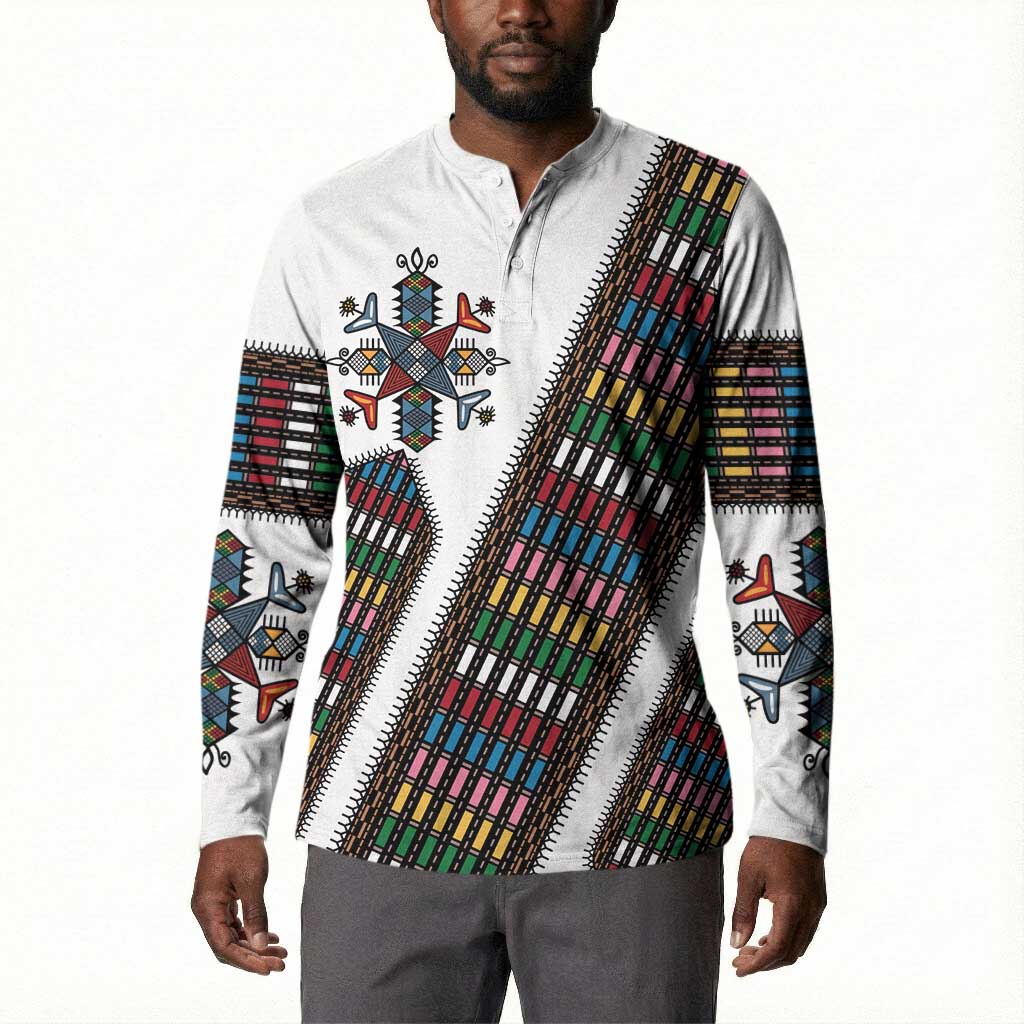 Habesha Kemis Inspired Tilet Pattern Button Sweatshirt White