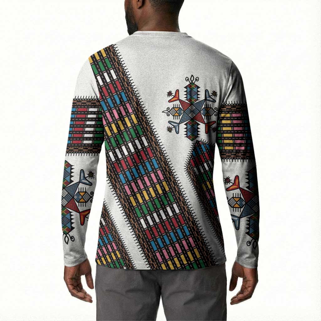 Habesha Kemis Inspired Tilet Pattern Button Sweatshirt White