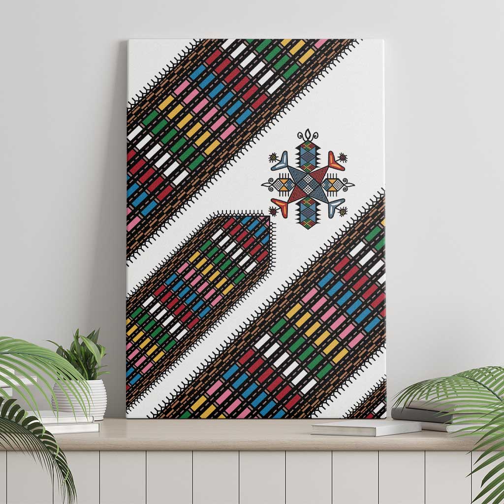 Habesha Kemis Inspired Tilet Pattern Canvas Wall Art White