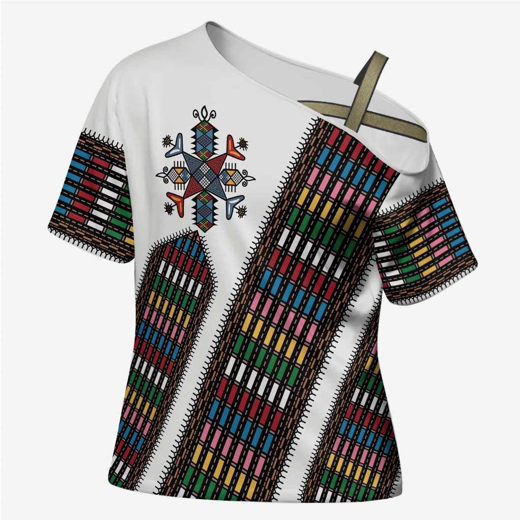 Habesha Kemis Inspired Tilet Pattern Cross Shoulder Shirt White