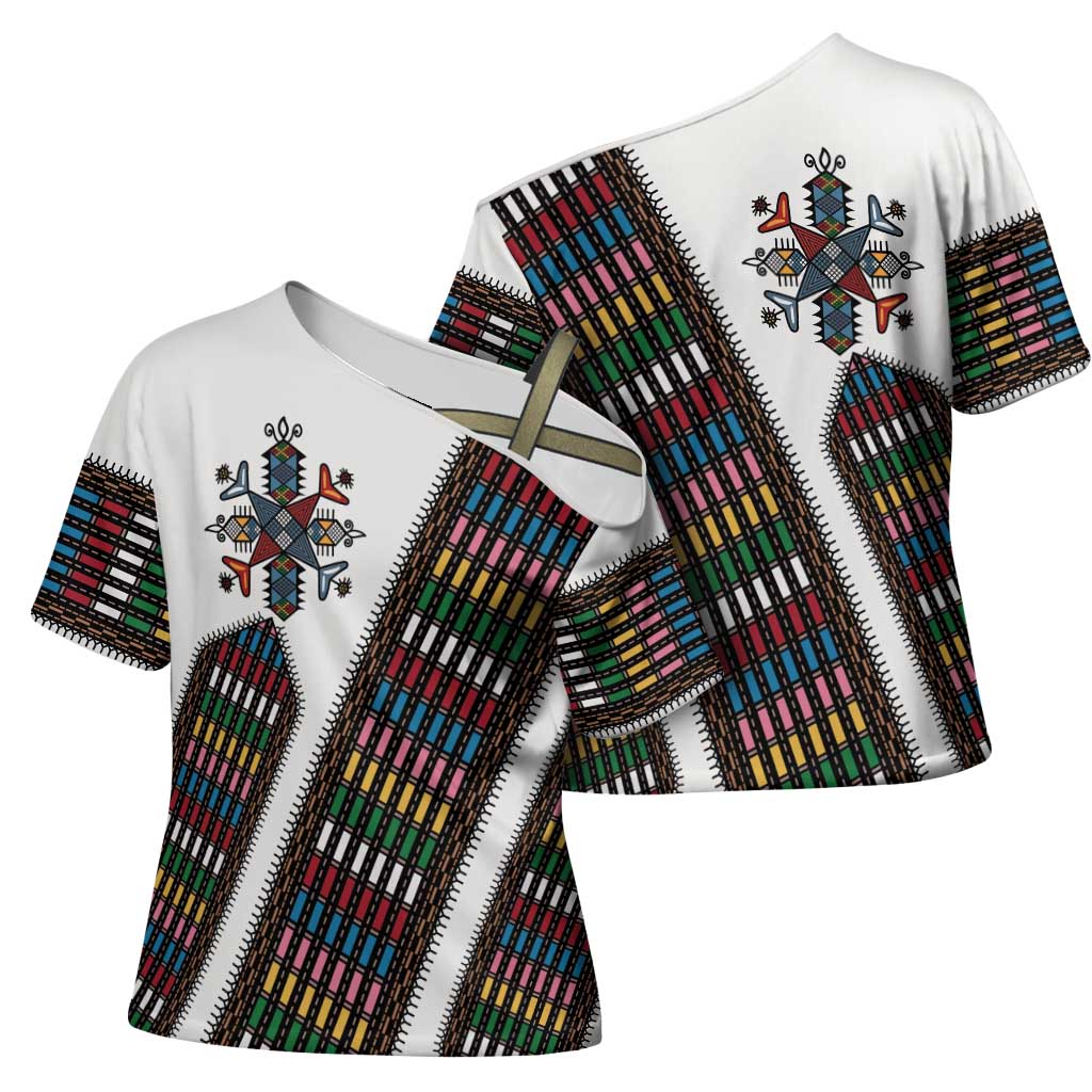 Habesha Kemis Inspired Tilet Pattern Cross Shoulder Shirt White