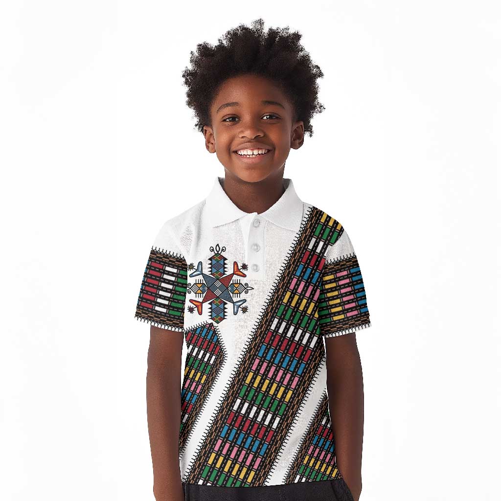 Habesha Kemis Inspired Tilet Pattern Kid Polo Shirt White
