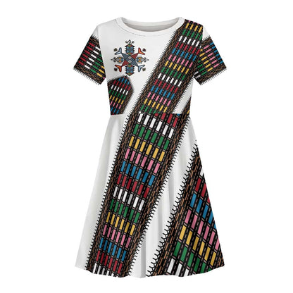 Habesha Kemis Inspired Tilet Pattern Kid Short Sleeve Dress White