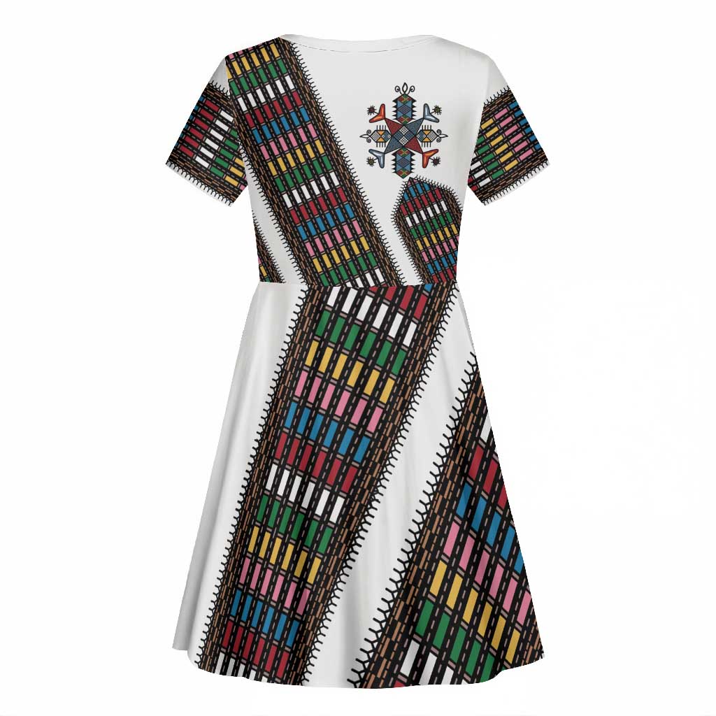 Habesha Kemis Inspired Tilet Pattern Kid Short Sleeve Dress White