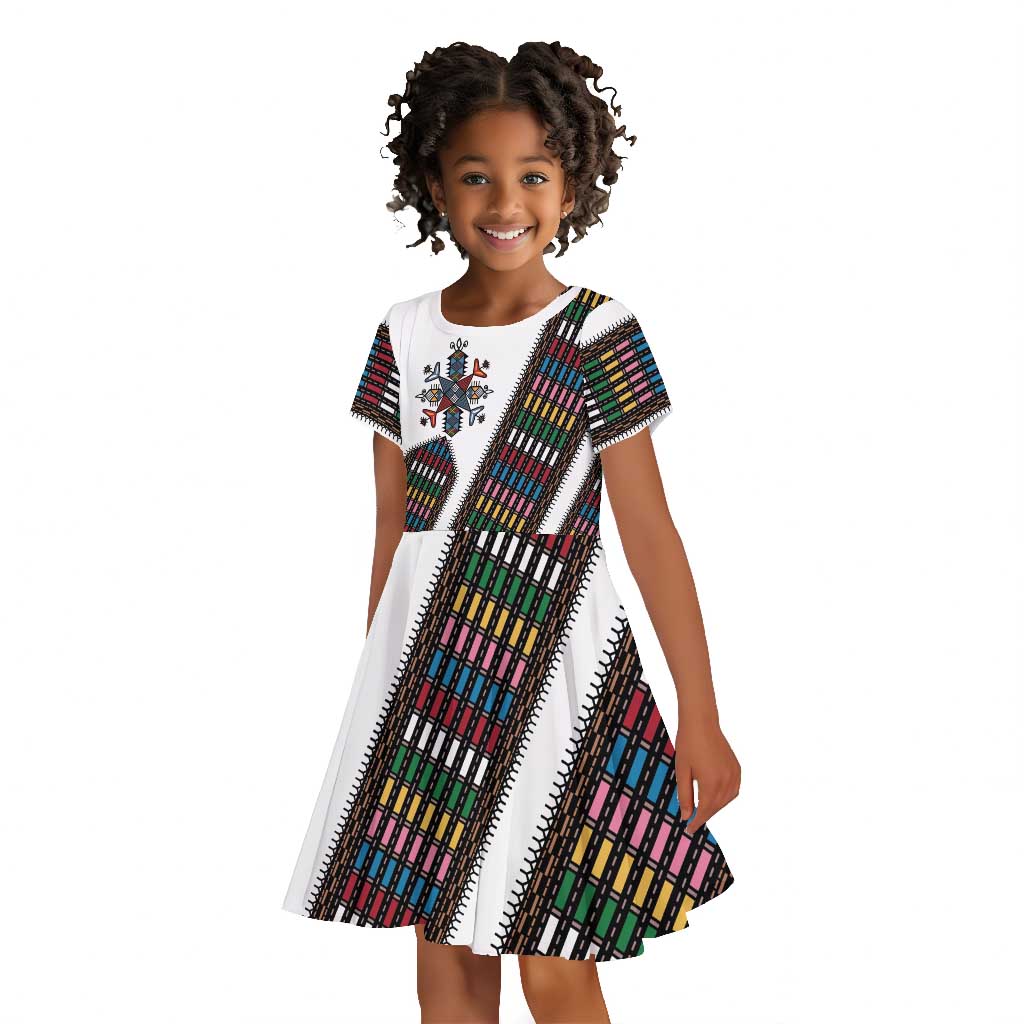 Habesha Kemis Inspired Tilet Pattern Kid Short Sleeve Dress White