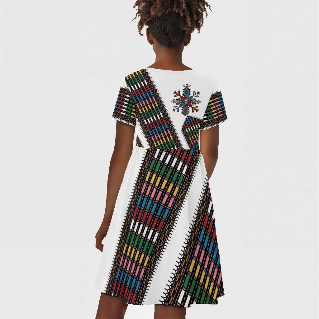 Habesha Kemis Inspired Tilet Pattern Kid Short Sleeve Dress White
