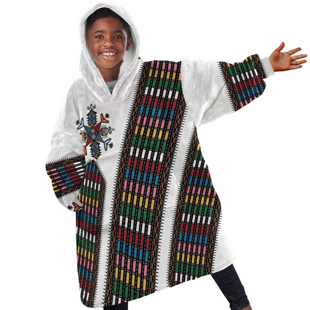 Habesha Kemis Inspired Tilet Pattern Kid Wearable Blanket Hoodie White