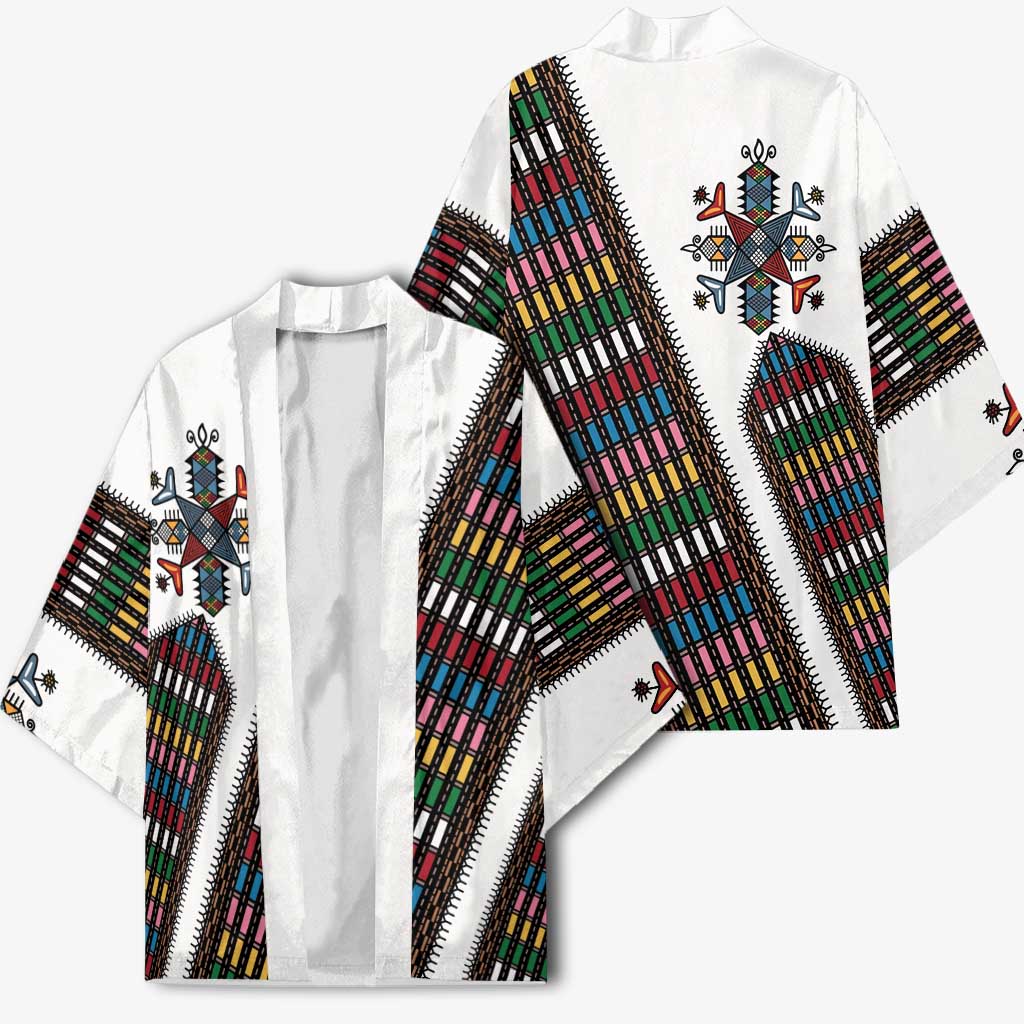 Habesha Kemis Inspired Tilet Pattern Kimono White