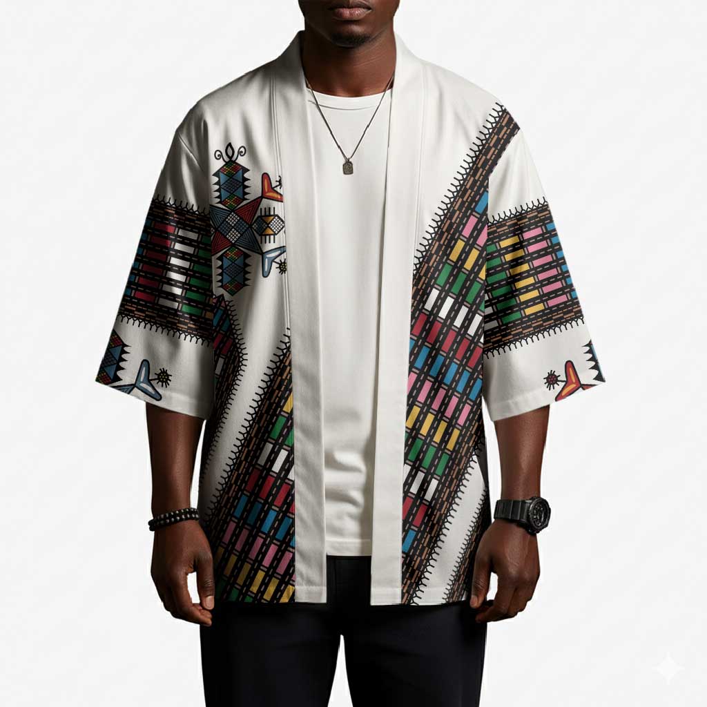 Habesha Kemis Inspired Tilet Pattern Kimono White