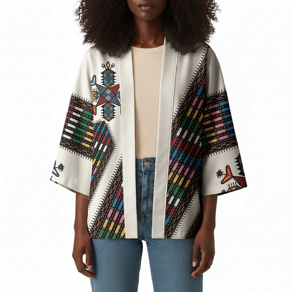 Habesha Kemis Inspired Tilet Pattern Kimono White