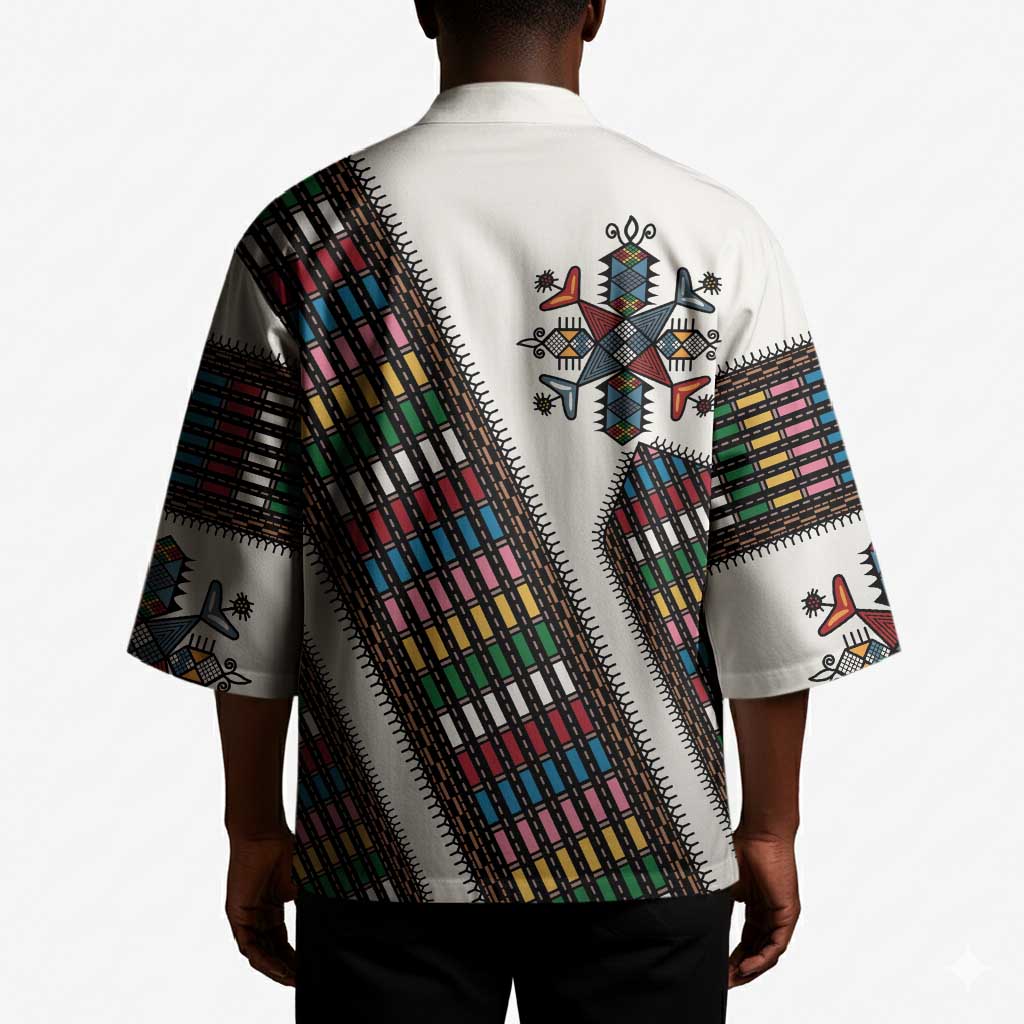 Habesha Kemis Inspired Tilet Pattern Kimono White