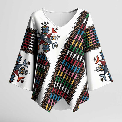 Habesha Kemis Inspired Tilet Pattern Kimono Sleeve Blouse White
