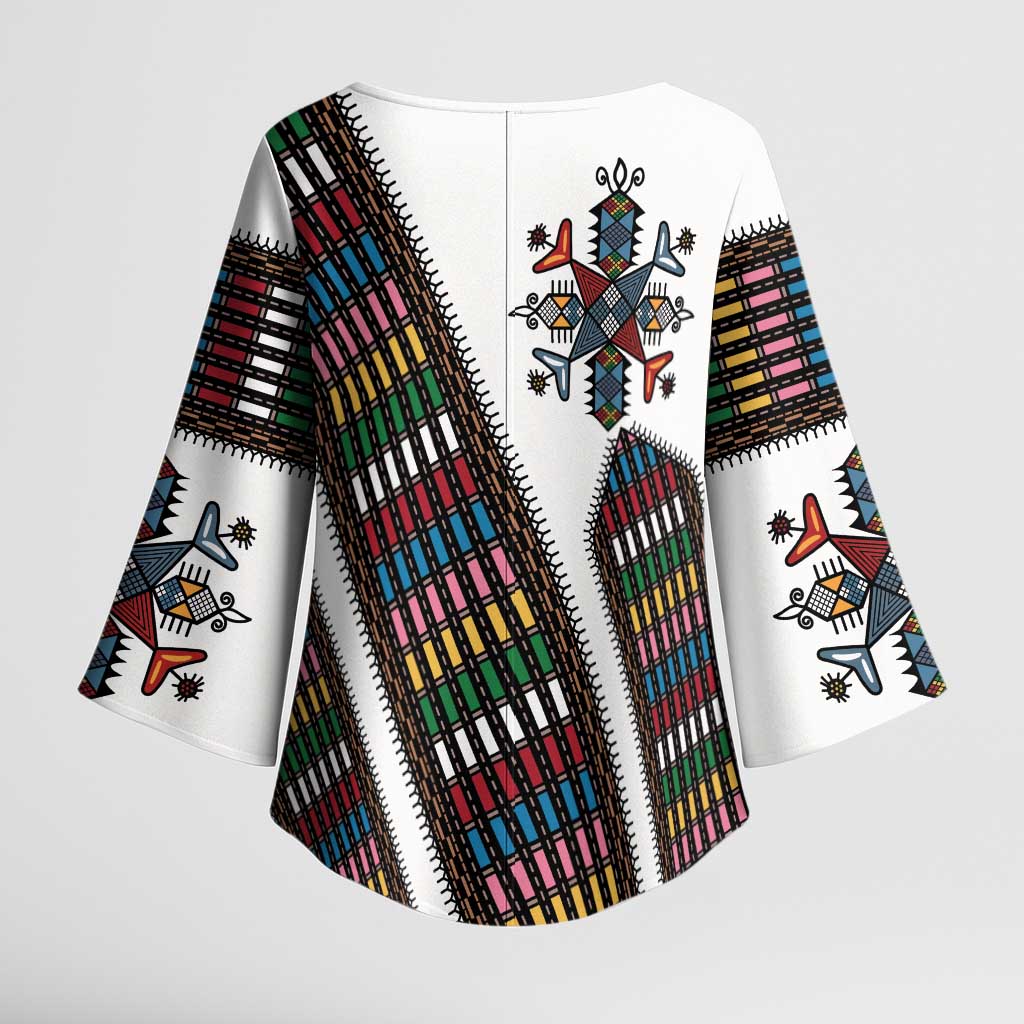 Habesha Kemis Inspired Tilet Pattern Kimono Sleeve Blouse White