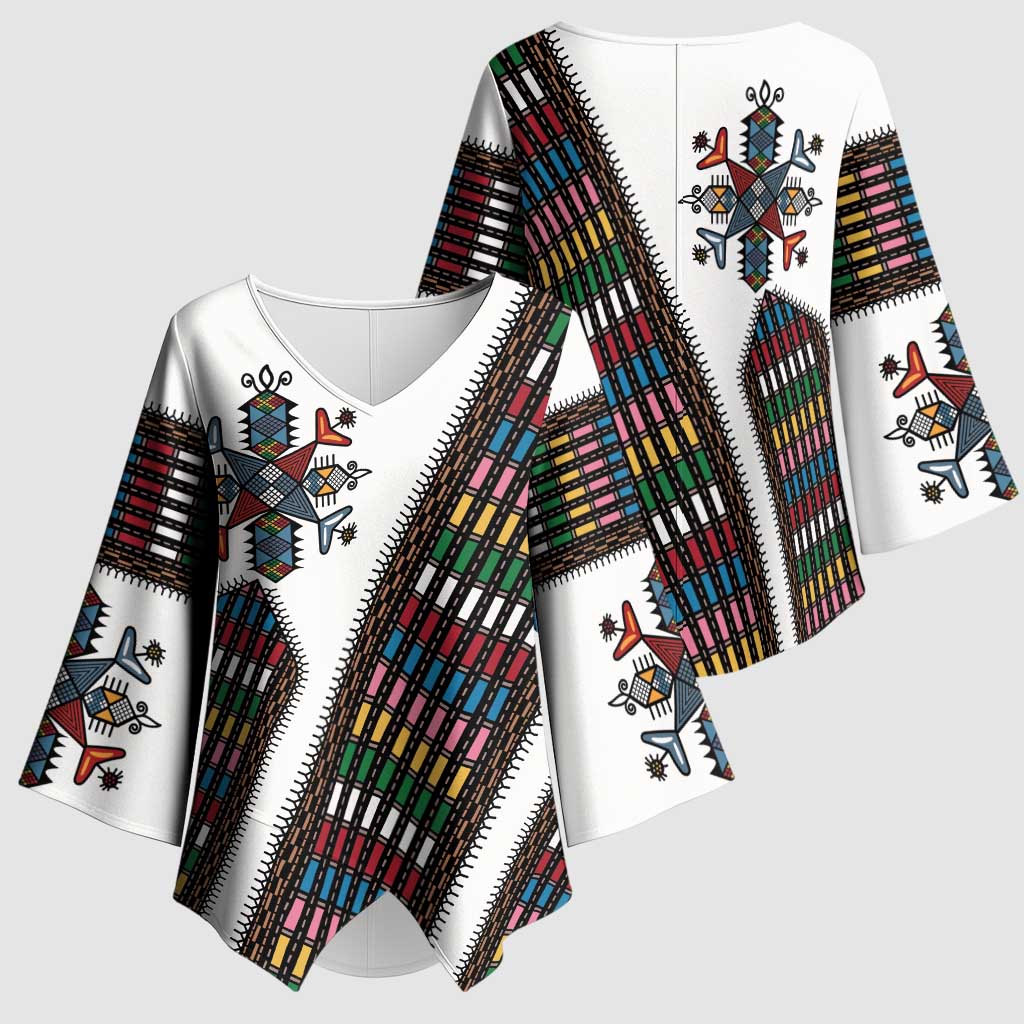 Habesha Kemis Inspired Tilet Pattern Kimono Sleeve Blouse White