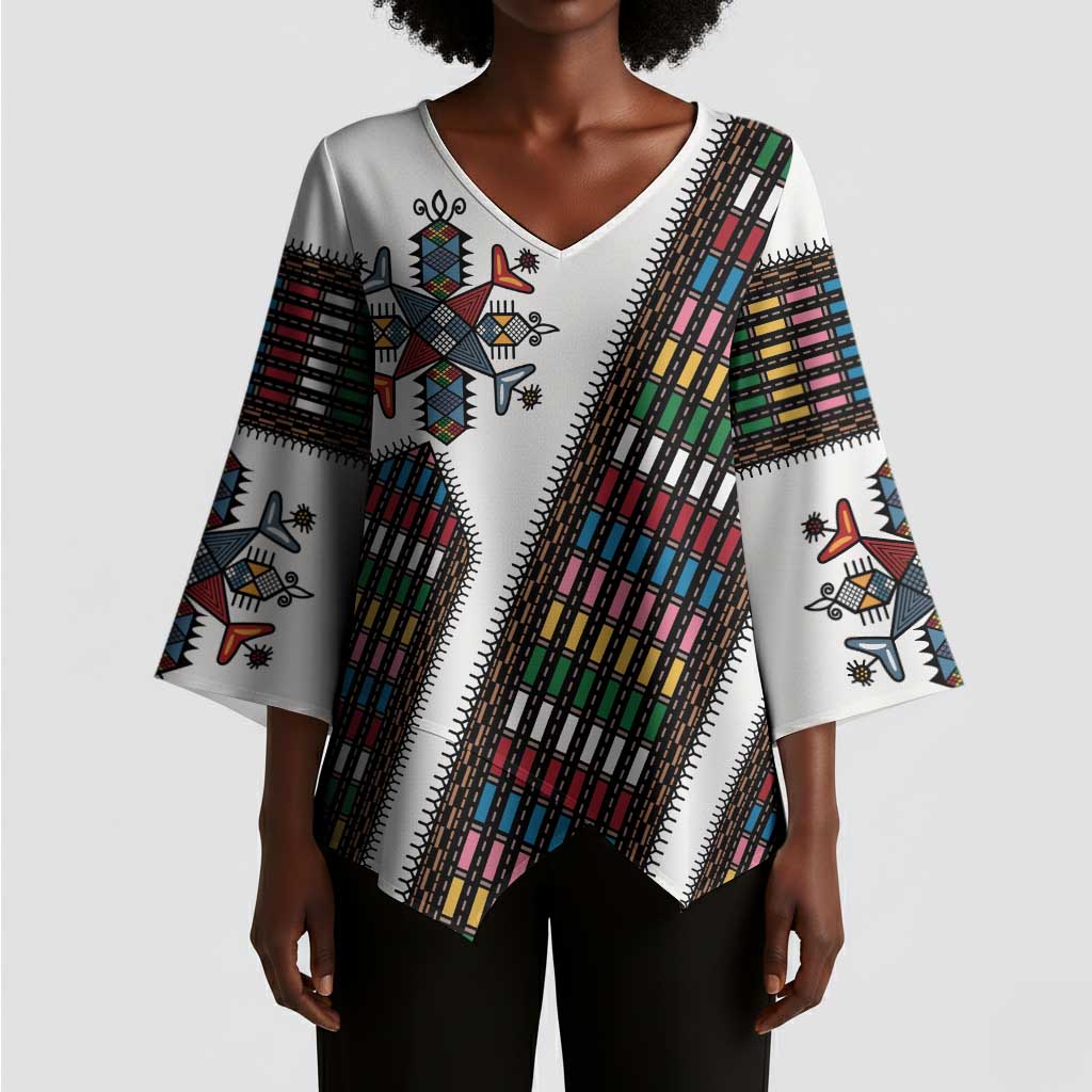 Habesha Kemis Inspired Tilet Pattern Kimono Sleeve Blouse White
