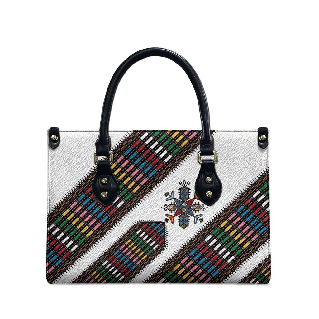 Habesha Kemis Inspired Tilet Pattern Leather Bag White