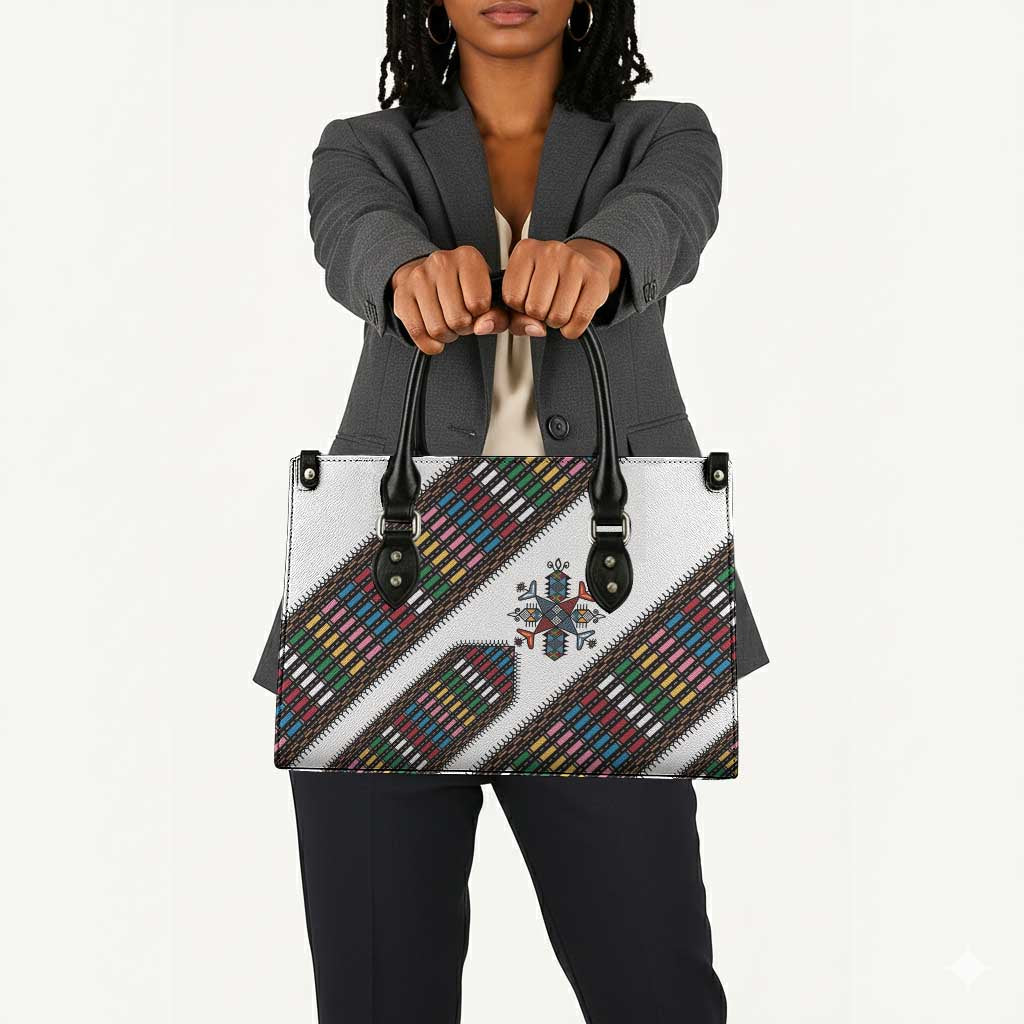 Habesha Kemis Inspired Tilet Pattern Leather Bag White