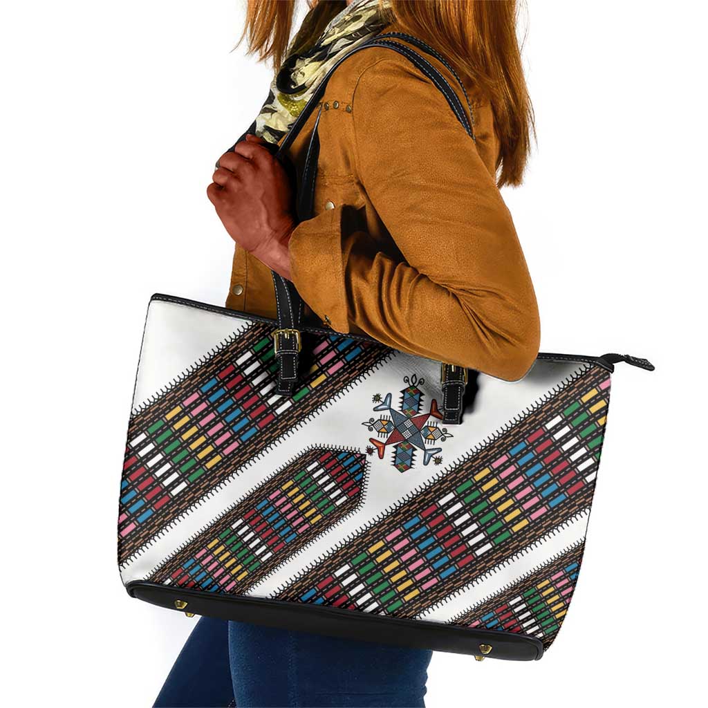 Habesha Kemis Inspired Tilet Pattern Leather Tote Bag White