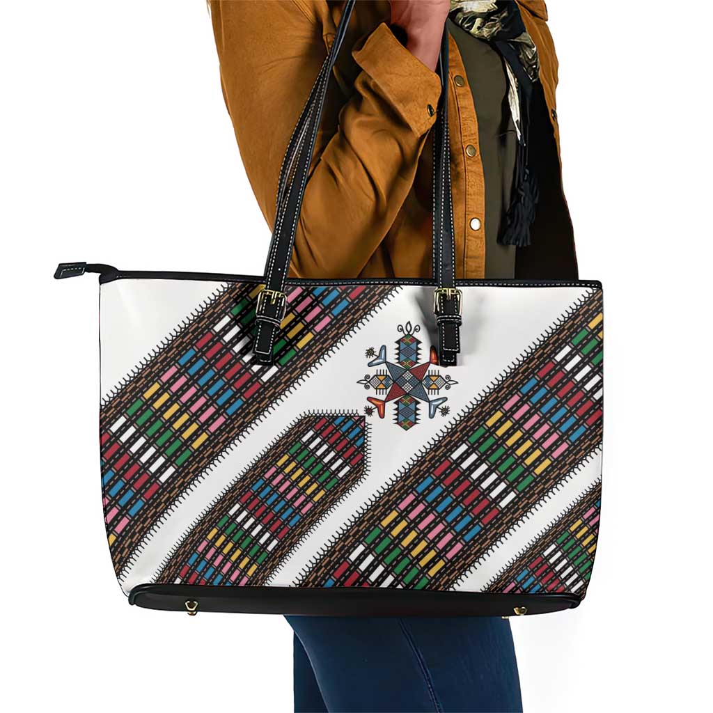 Habesha Kemis Inspired Tilet Pattern Leather Tote Bag White