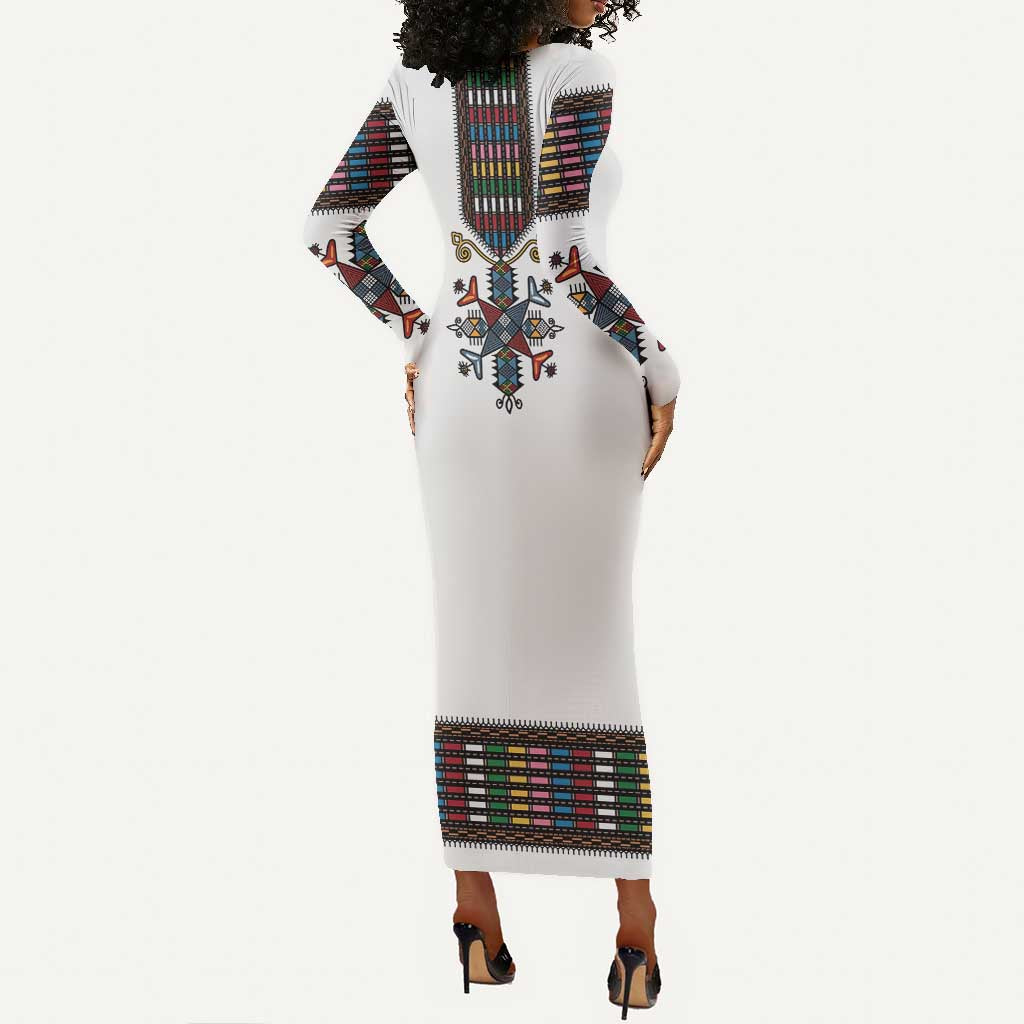 Habesha Kemis Inspired Tilet Pattern Long Sleeve Bodycon Dress White
