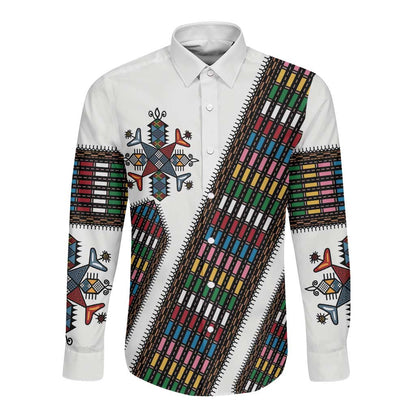Habesha Kemis Inspired Tilet Pattern Long Sleeve Button Shirt White