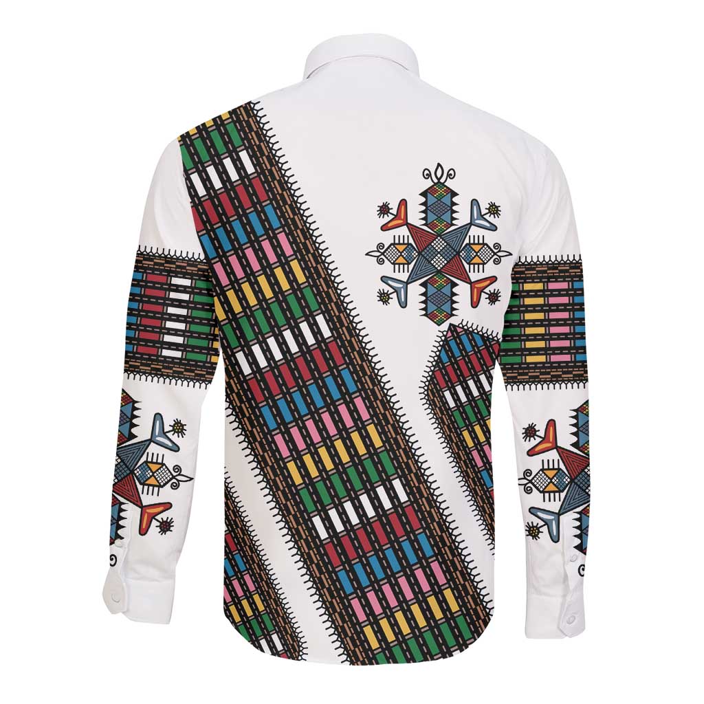 Habesha Kemis Inspired Tilet Pattern Long Sleeve Button Shirt White