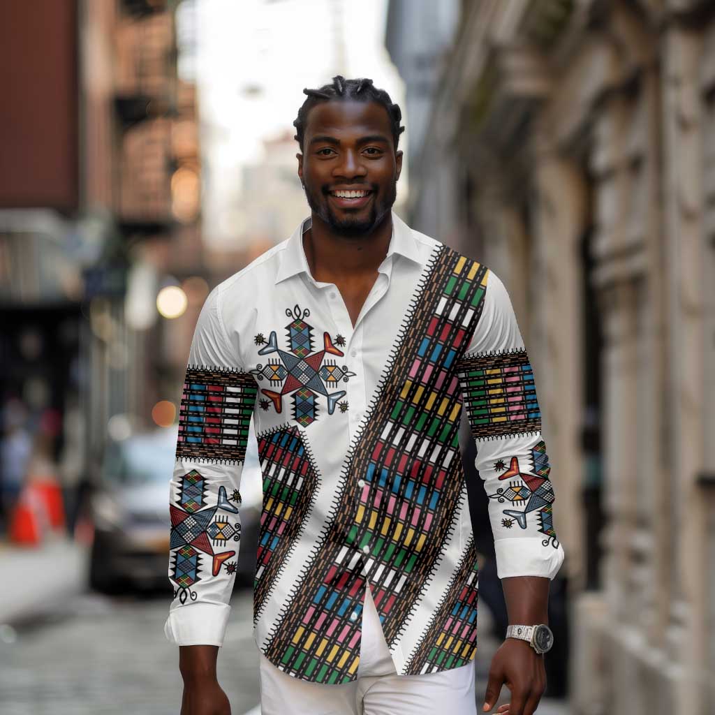Habesha Kemis Inspired Tilet Pattern Long Sleeve Button Shirt White