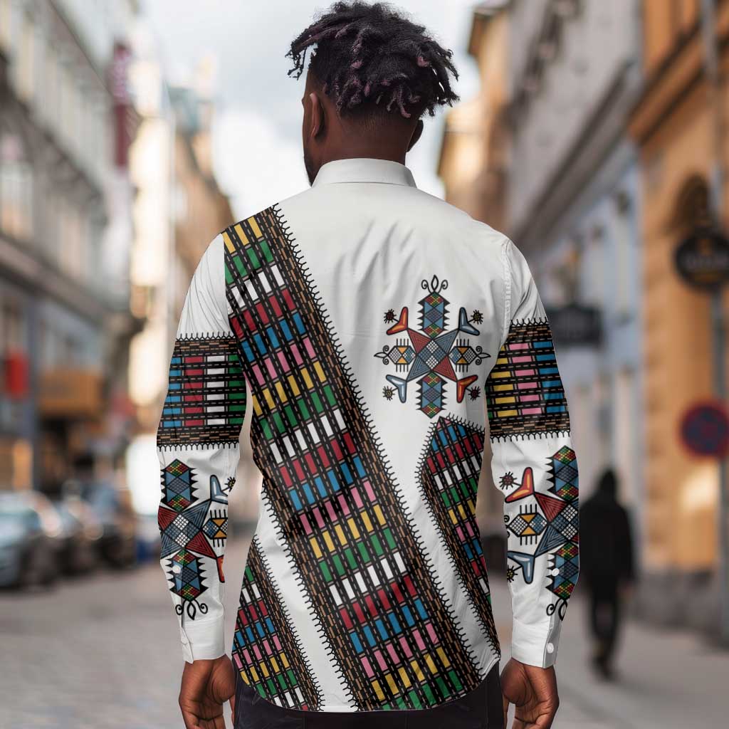 Habesha Kemis Inspired Tilet Pattern Long Sleeve Button Shirt White