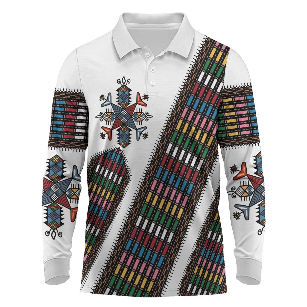 Habesha Kemis Inspired Tilet Pattern Long Sleeve Polo Shirt White