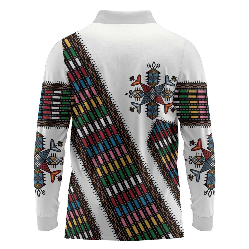 Habesha Kemis Inspired Tilet Pattern Long Sleeve Polo Shirt White