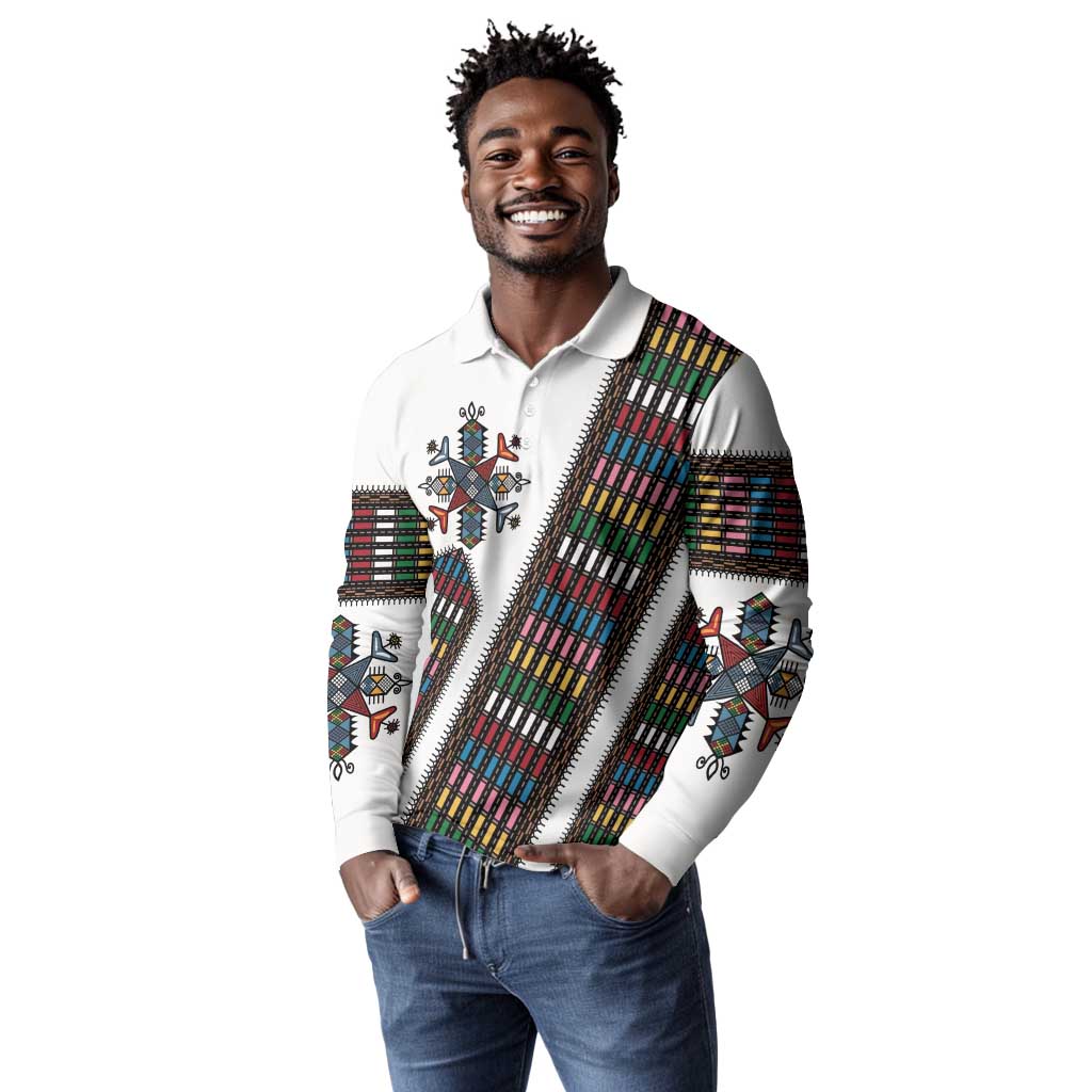 Habesha Kemis Inspired Tilet Pattern Long Sleeve Polo Shirt White