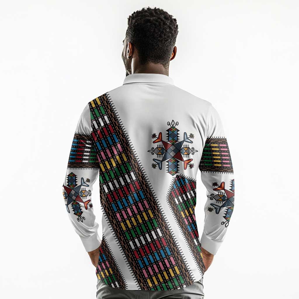 Habesha Kemis Inspired Tilet Pattern Long Sleeve Polo Shirt White