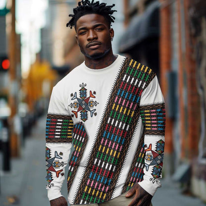 Habesha Kemis Inspired Tilet Pattern Long Sleeve Shirt White