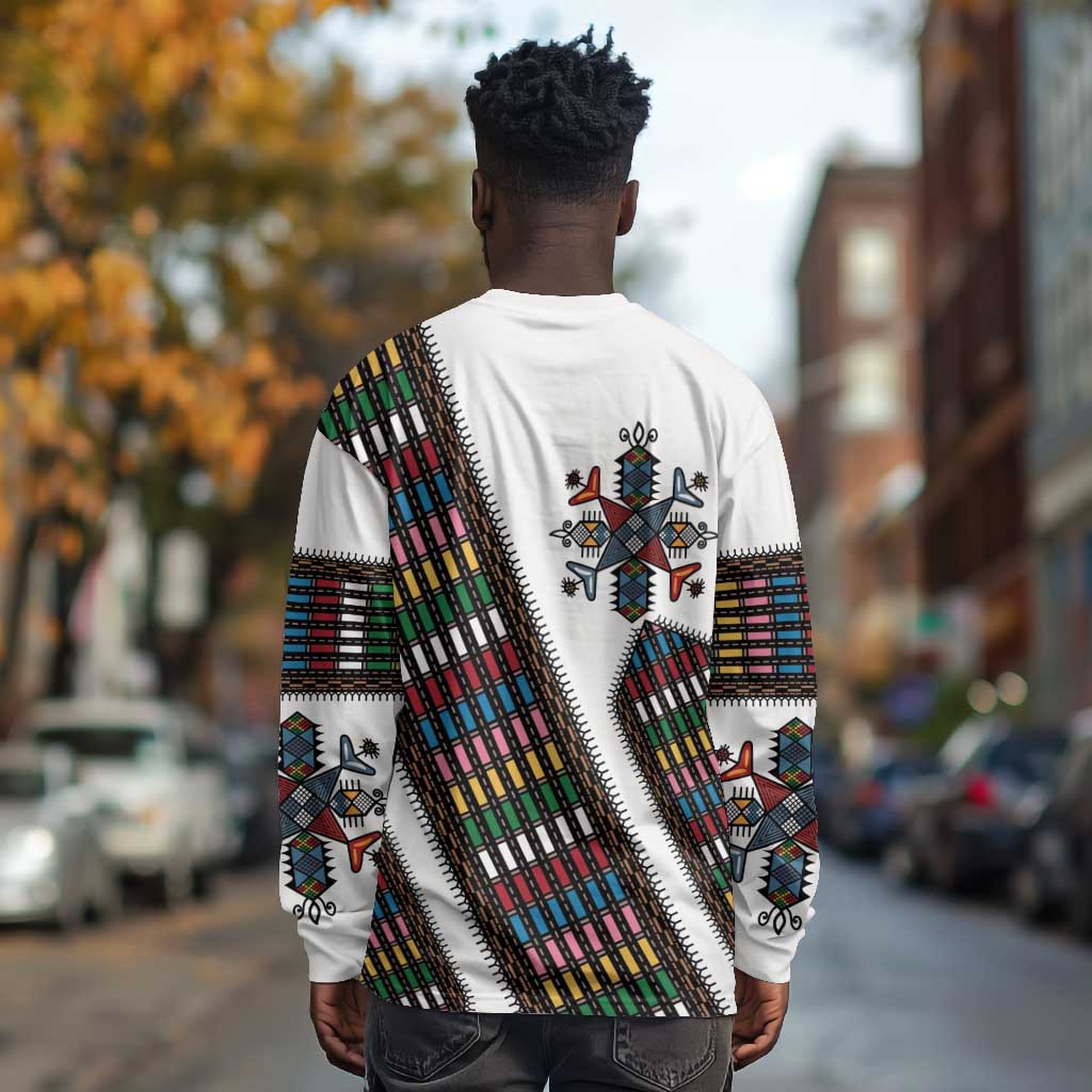 Habesha Kemis Inspired Tilet Pattern Long Sleeve Shirt White