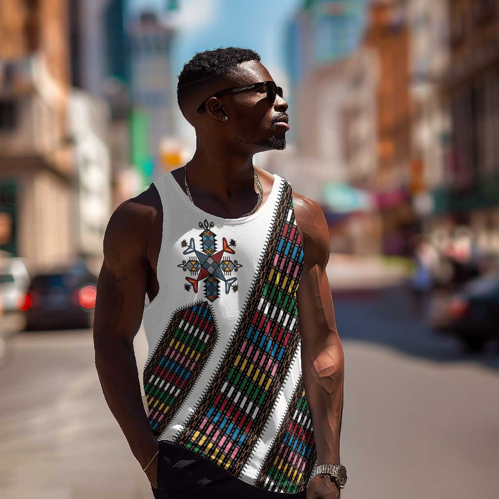 Habesha Kemis Inspired Tilet Pattern Men Tank Top White