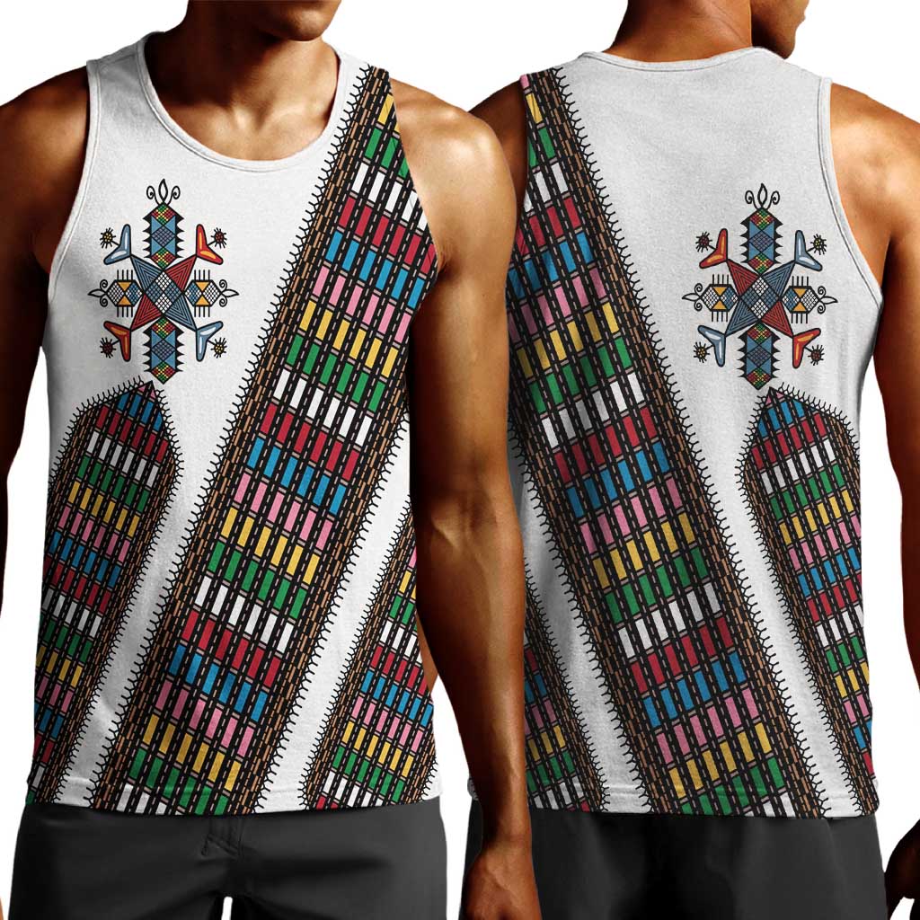 Habesha Kemis Inspired Tilet Pattern Men Tank Top White