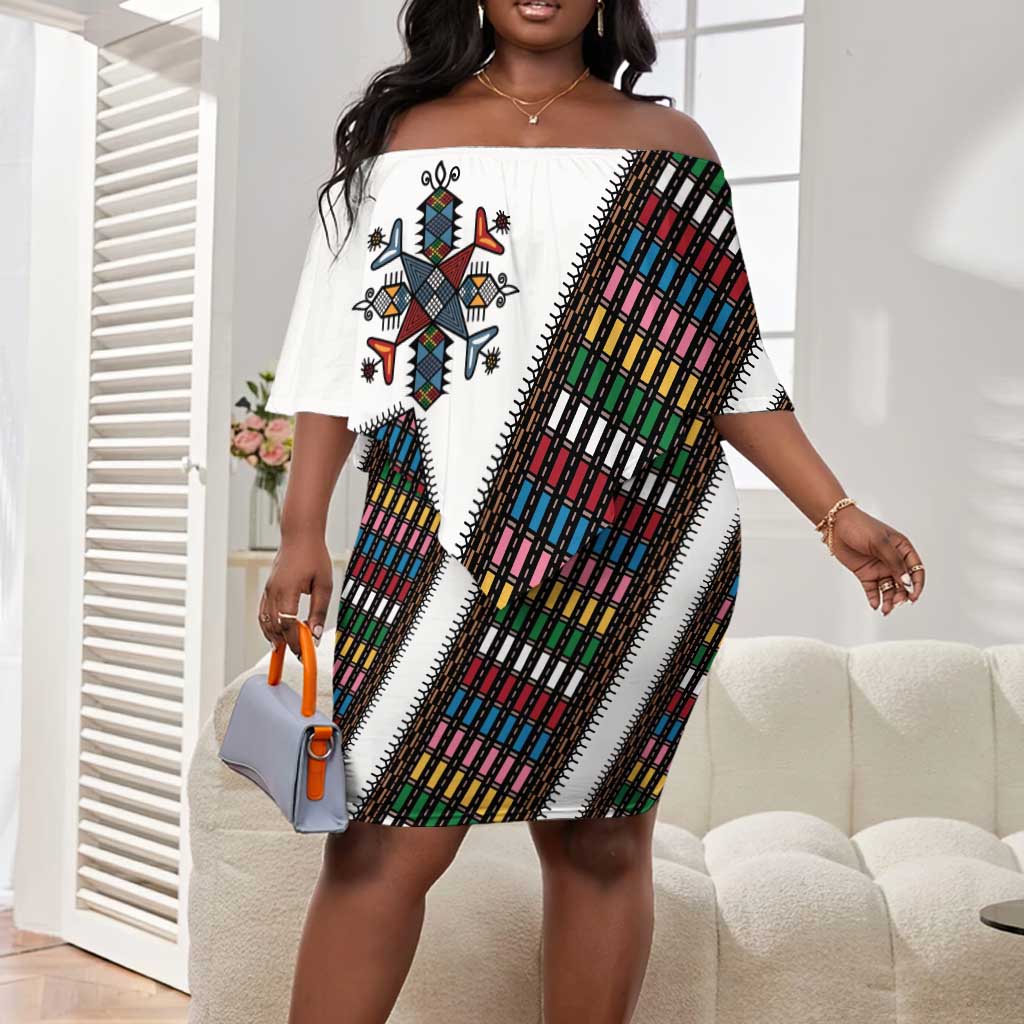 Habesha Kemis Inspired Tilet Pattern Off Shoulder Short Dress White