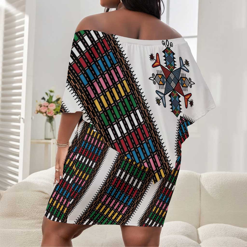 Habesha Kemis Inspired Tilet Pattern Off Shoulder Short Dress White
