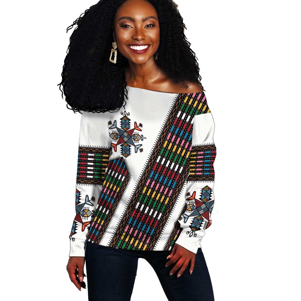 Habesha Kemis Inspired Tilet Pattern Off Shoulder Sweater White