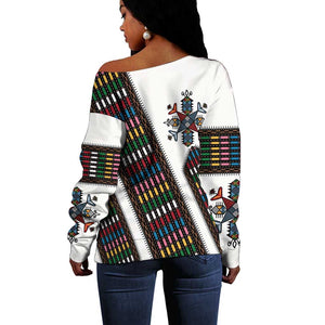 Habesha Kemis Inspired Tilet Pattern Off Shoulder Sweater White