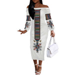 Habesha Kemis Inspired Tilet Pattern Off The Shoulder Long Sleeve Dress White