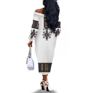 Habesha Kemis Inspired Tilet Pattern Off The Shoulder Long Sleeve Dress White