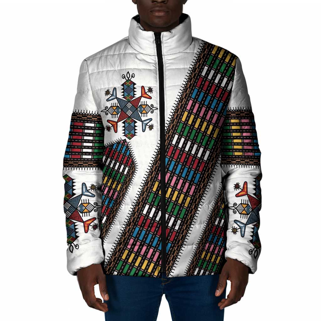 Habesha Kemis Inspired Tilet Pattern Padded Jacket White