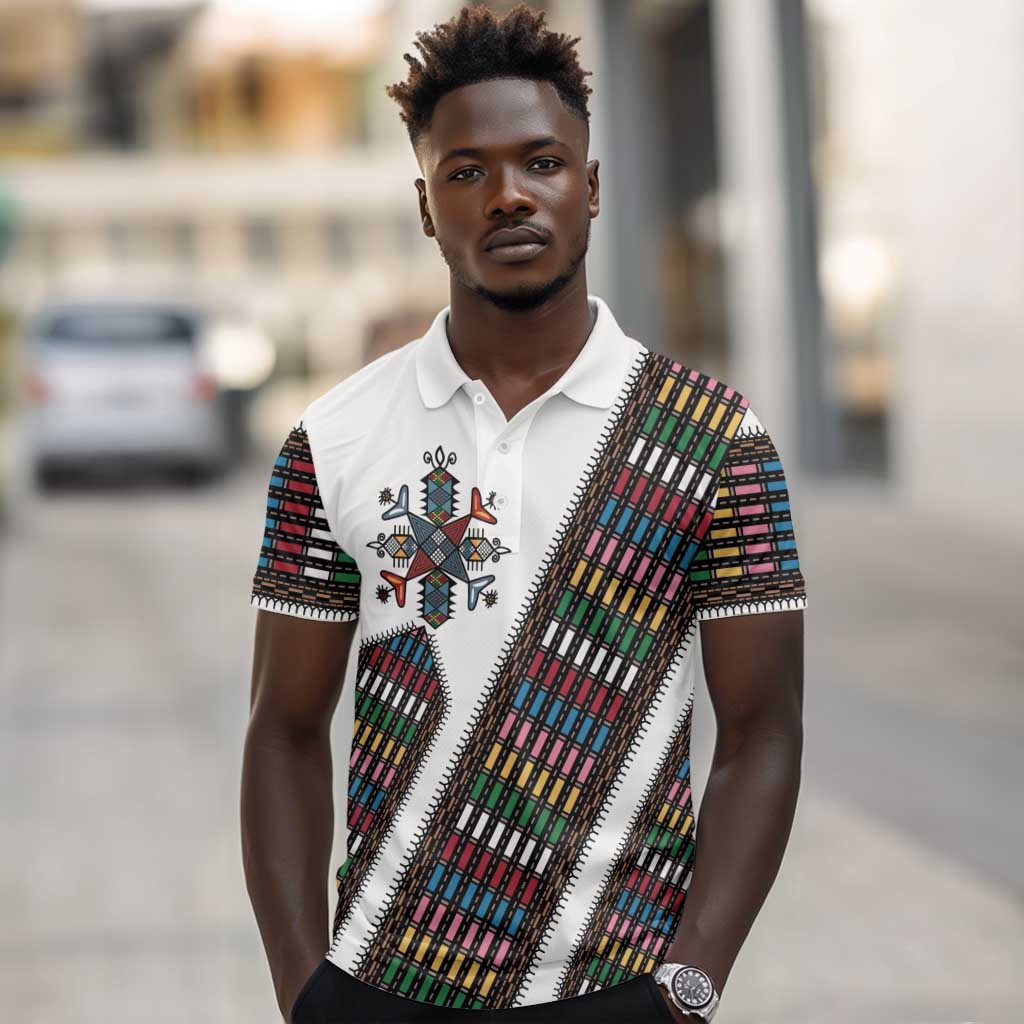 Habesha Kemis Inspired Tilet Pattern Polo Shirt White