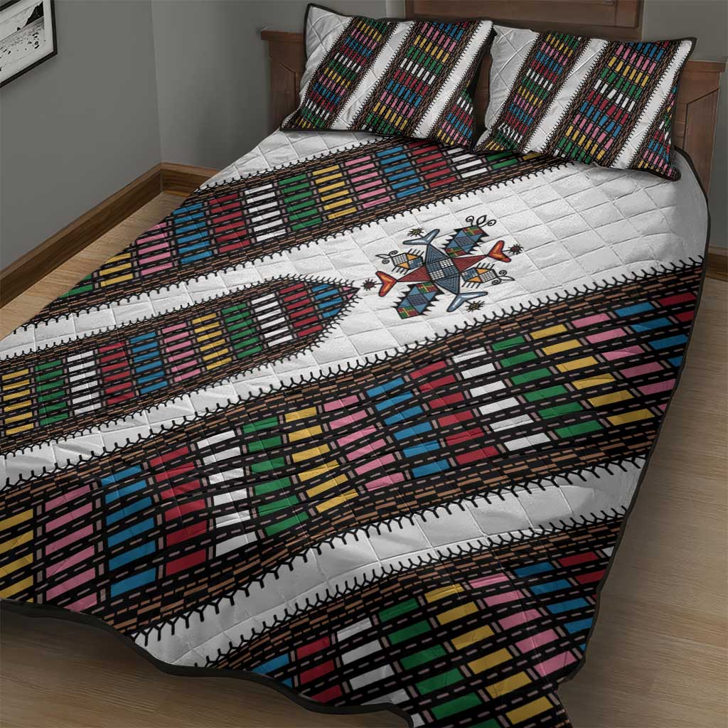 Habesha Kemis Inspired Tilet Pattern Quilt Bed Set White